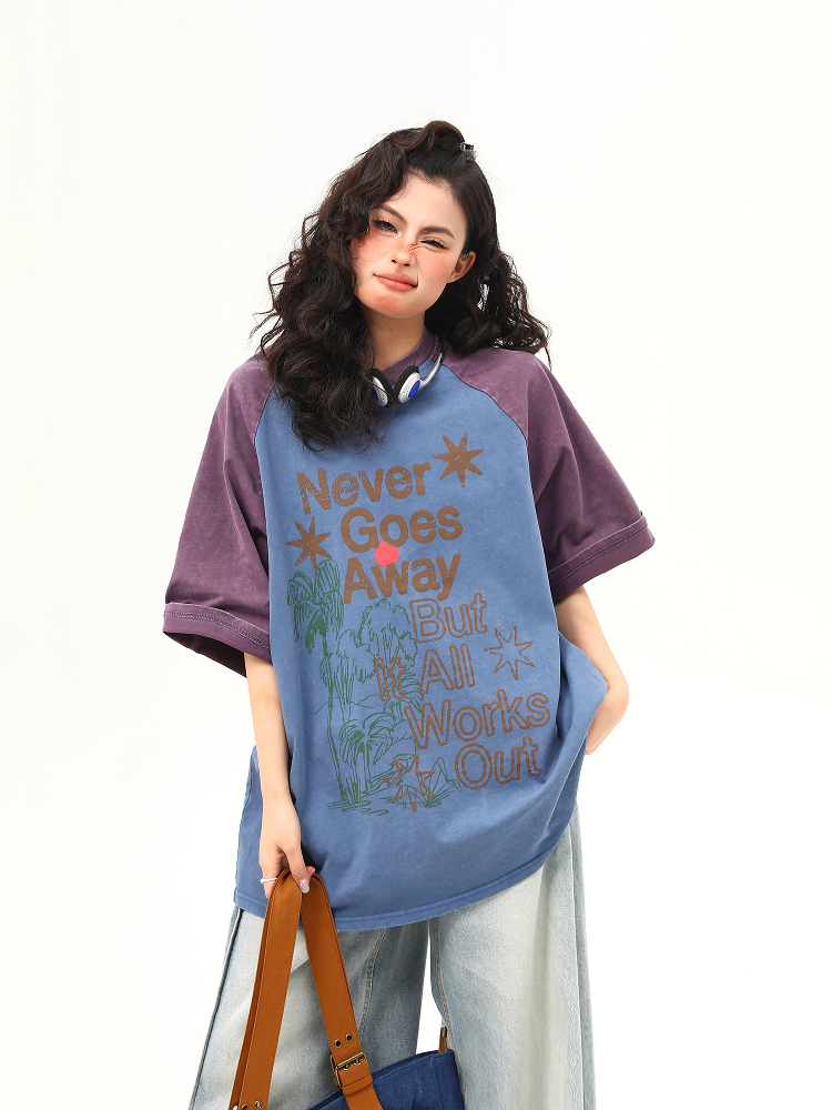 Retro Color-Blocking Letter Short-Sleeve T-Shirt for Women - Casual Summer Loose Fit Tee, Perfect for Y2K & 90s Style