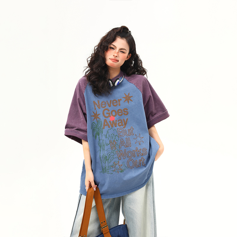 Retro Color-Blocking Letter Short-Sleeve T-Shirt for Women - Casual Summer Loose Fit Tee, Perfect for Y2K & 90s Style