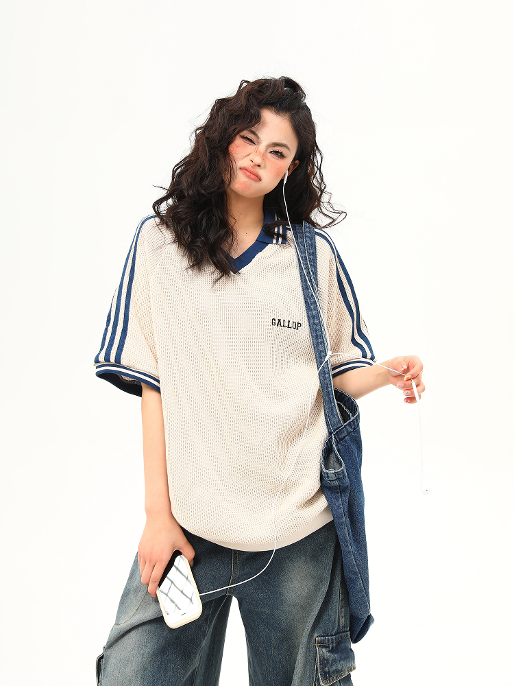 Retro Color-Blocking V-Neck Waffle Short Sleeve T-Shirt for Women, Versatile Couple's Top, Y2K Style