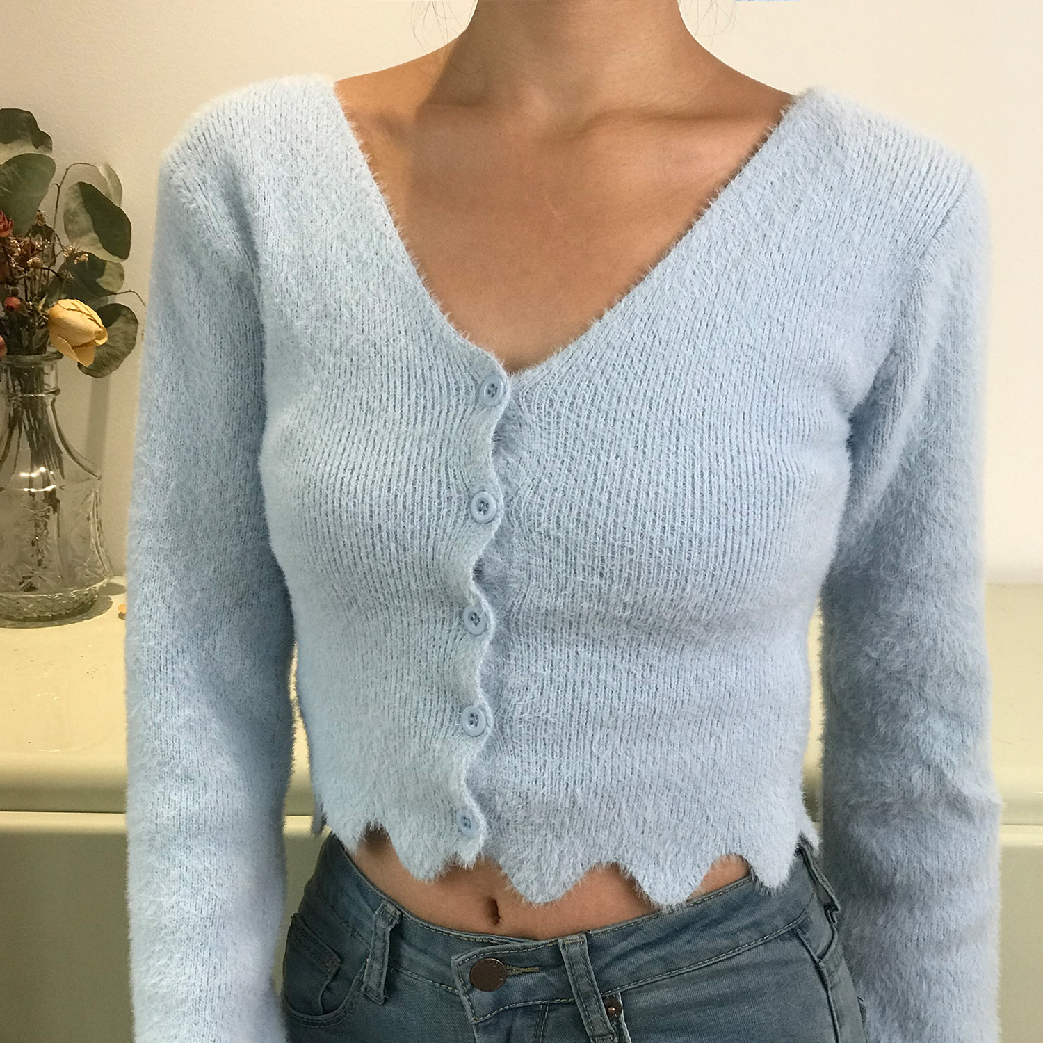 Retro Cute Girl V-Neck Ruffled Hem Fluffy High-Waisted Long Sleeve Knitted Cardigan Top - Y2K Inspired Fashion