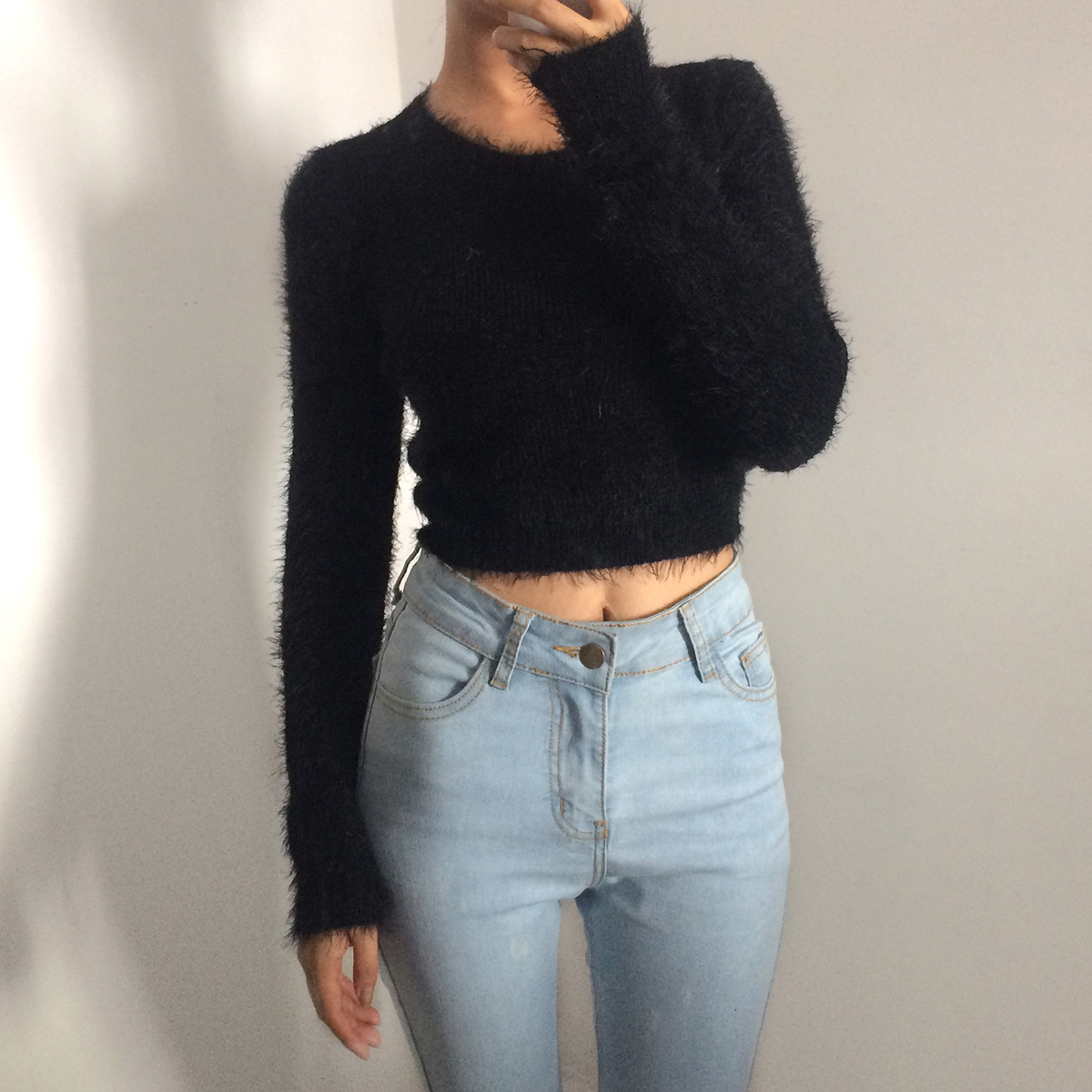 Retro Cute Multicolor Fluffy Feather Yarn Round Neck High Waist Cropped Long Sleeve Knitted Top, Y2K Inspired Fashion