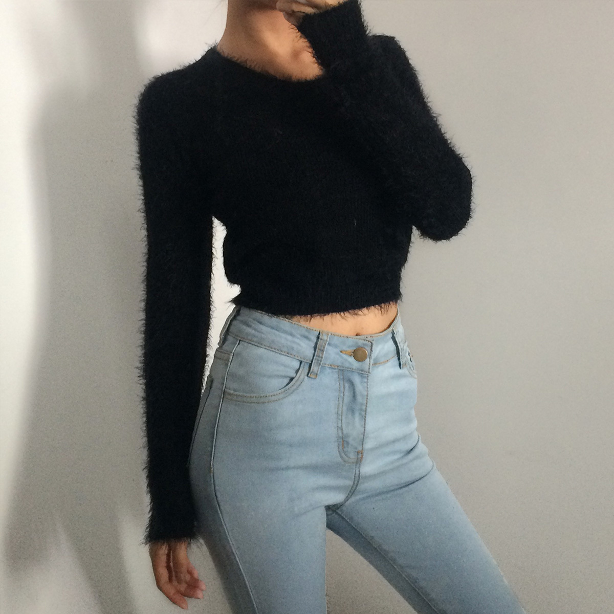 Retro Cute Multicolor Fluffy Feather Yarn Round Neck High Waist Cropped Long Sleeve Knitted Top, Y2K Inspired Fashion