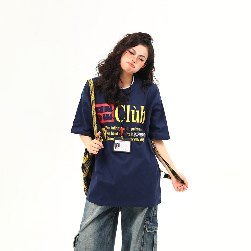 Retro Double Collar Letter Short-Sleeve T-Shirt for Men and Women, Pure Cotton Round Neck Couples Tee, Vintage American Style