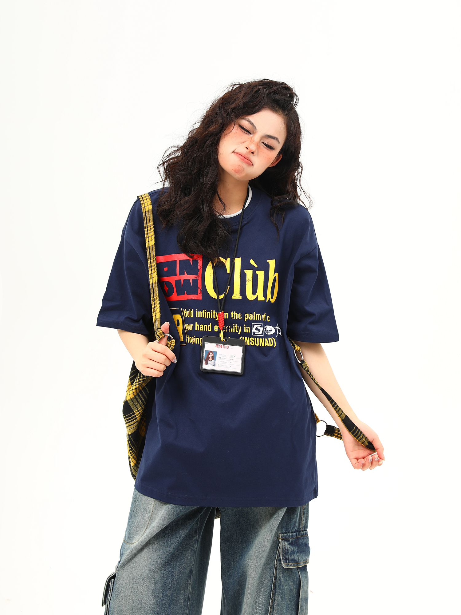 Retro Double Collar Letter Short-Sleeve T-Shirt for Men and Women, Pure Cotton Round Neck Couples Tee, Vintage American Style