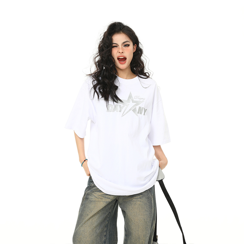 Retro Embroidered Letter Short-Sleeve T-Shirt for Men and Women, Oversized Couple Style, Vintage 90s American Fashion