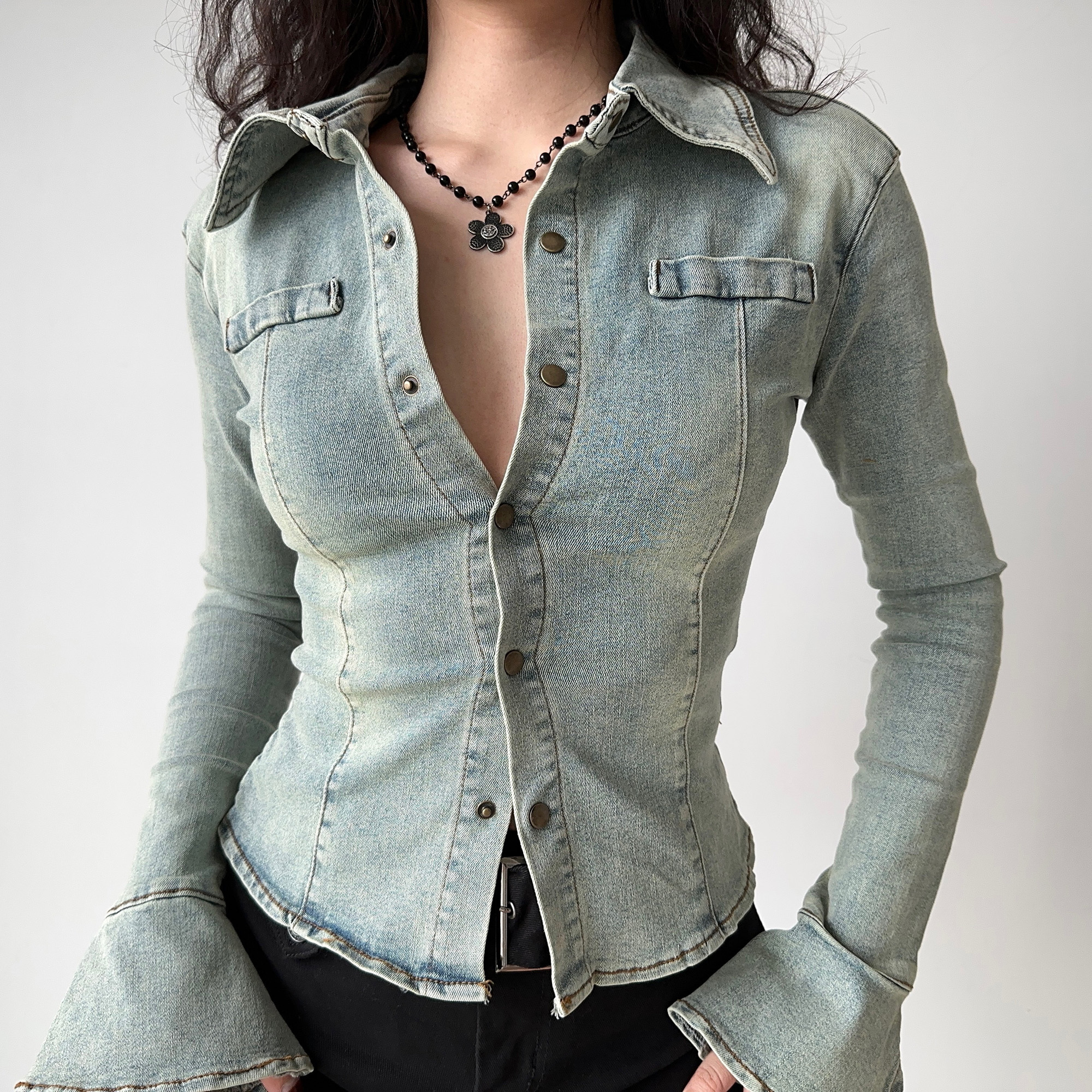 Retro Flared Sleeve Denim Shirt for Women - Slim Fit Lapel Top, Long Sleeve, European American Style, Trendy Casual Fashion
