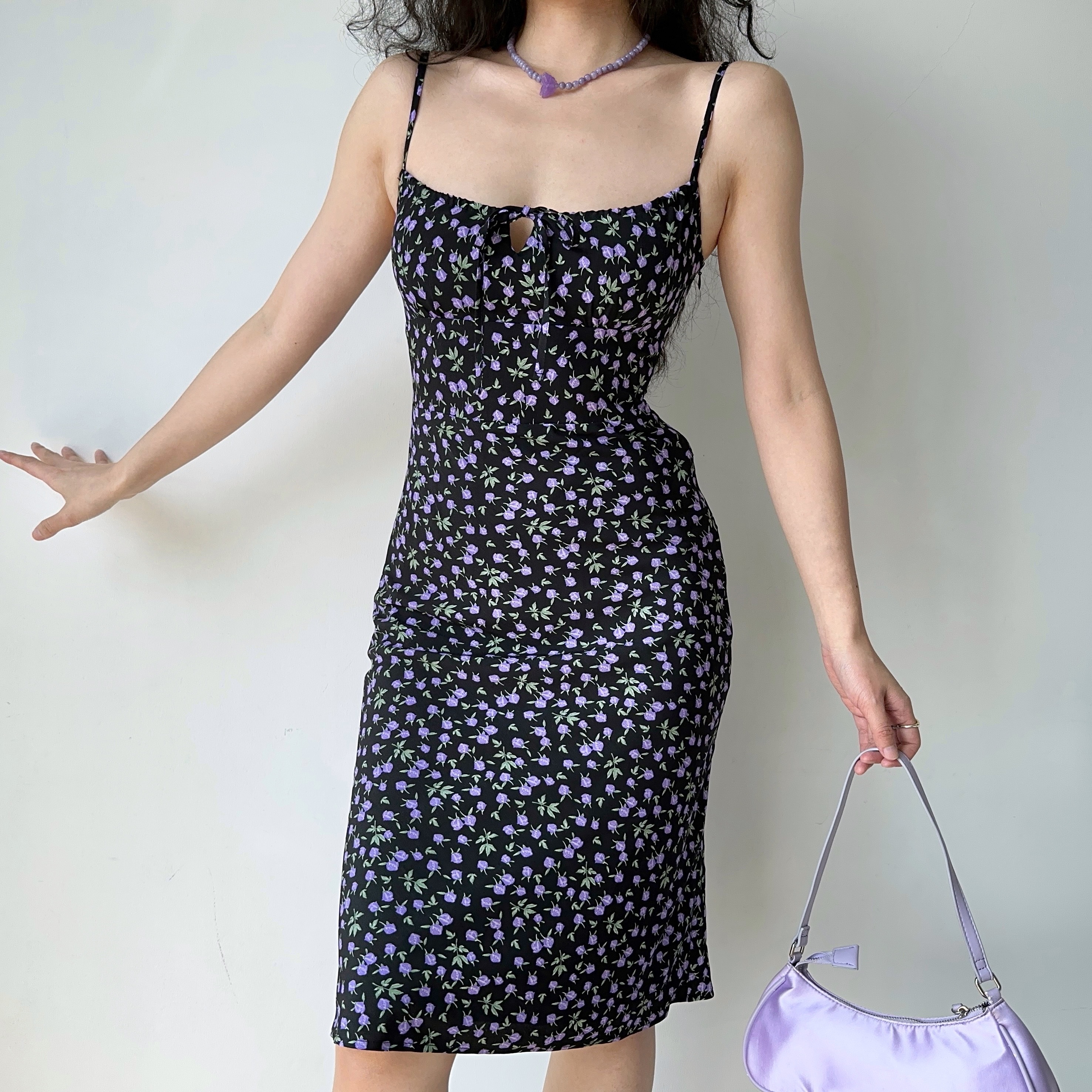 Retro Floral Front Tie Strap Dress - Slim Waist European American Style for Vacation - 90s Inspired Summer Fashion