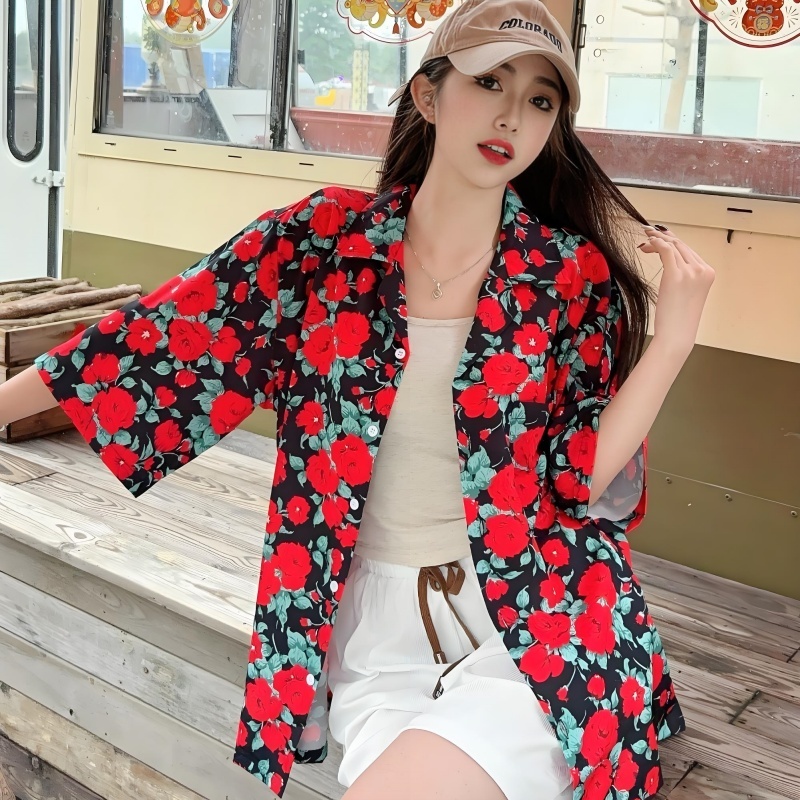 Retro Floral Short Sleeve Shirt for Women - Summer Hawaiian Style Casual Top, Loose Fit for Beach and Everyday Wear