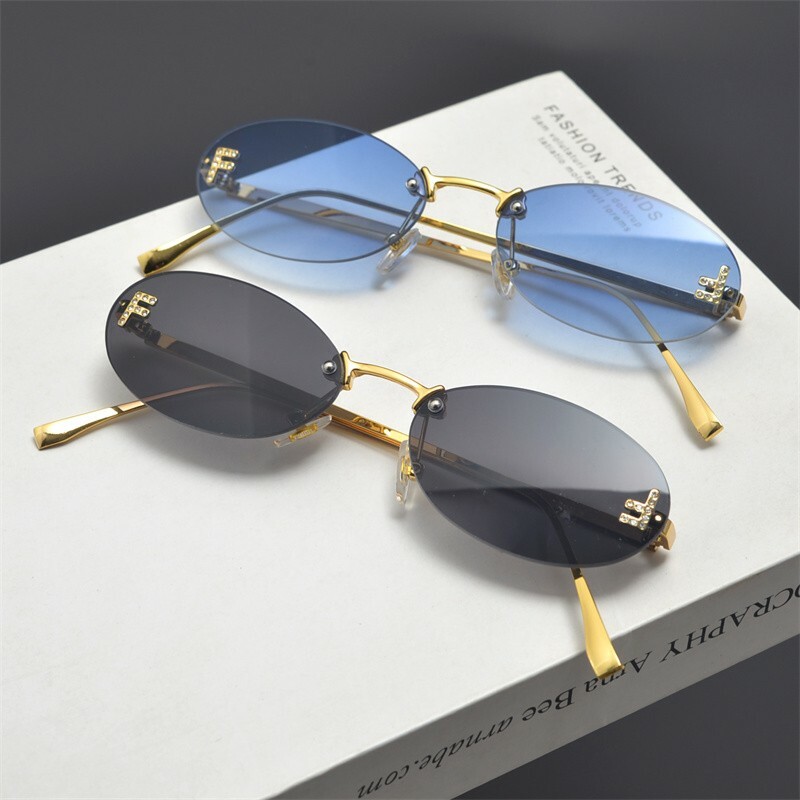 Retro Frameless Oval Diamond-Studded Sunglasses for Men & Women, Influencer-Approved, Flattering for Small Faces