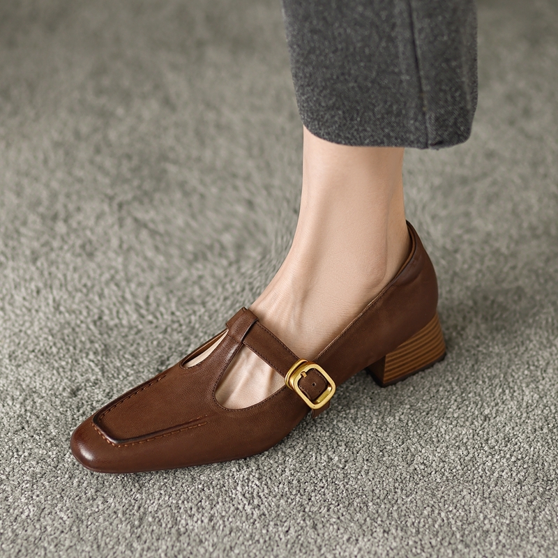 Retro Genuine Leather Mary Jane Flats for Women - Square Toe, Mid-Chunky Heel, Versatile 2025 Y2K Style Loafers
