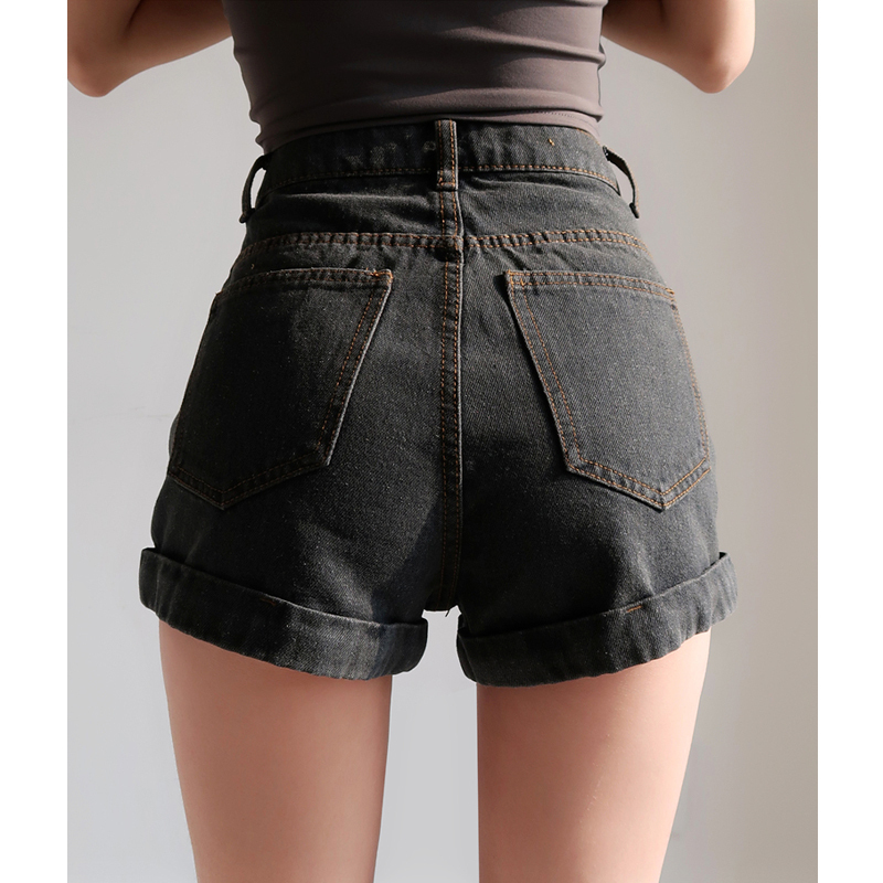 Retro High-Waisted Cuffed Denim Shorts for Women - Classic Slim Fit, Flattering Long Leg, European American Style