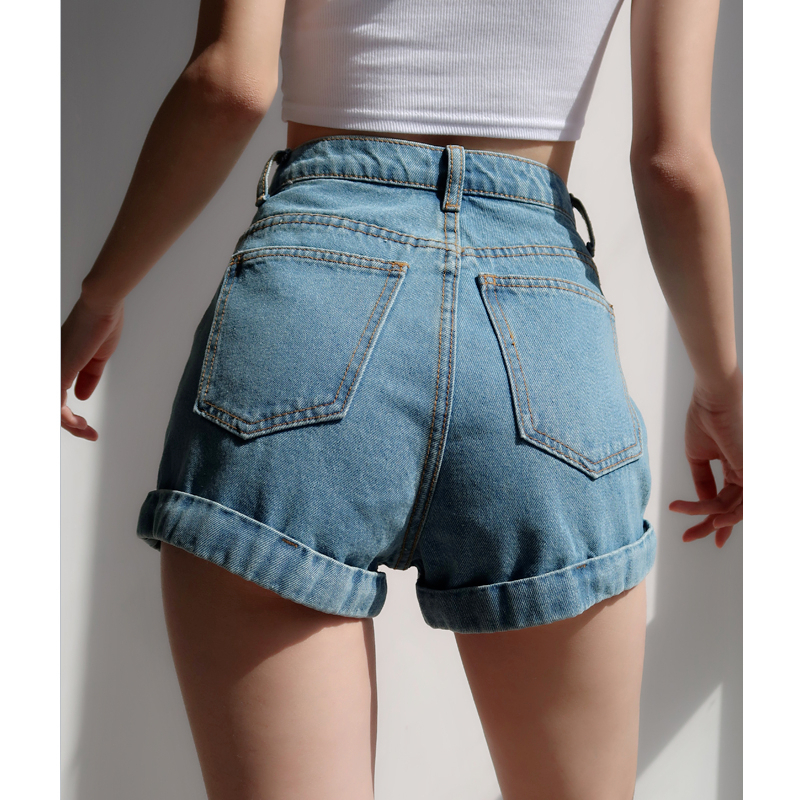 Retro High-Waisted Cuffed Denim Shorts for Women - Classic Slim Fit, Flattering Long Leg, European American Style