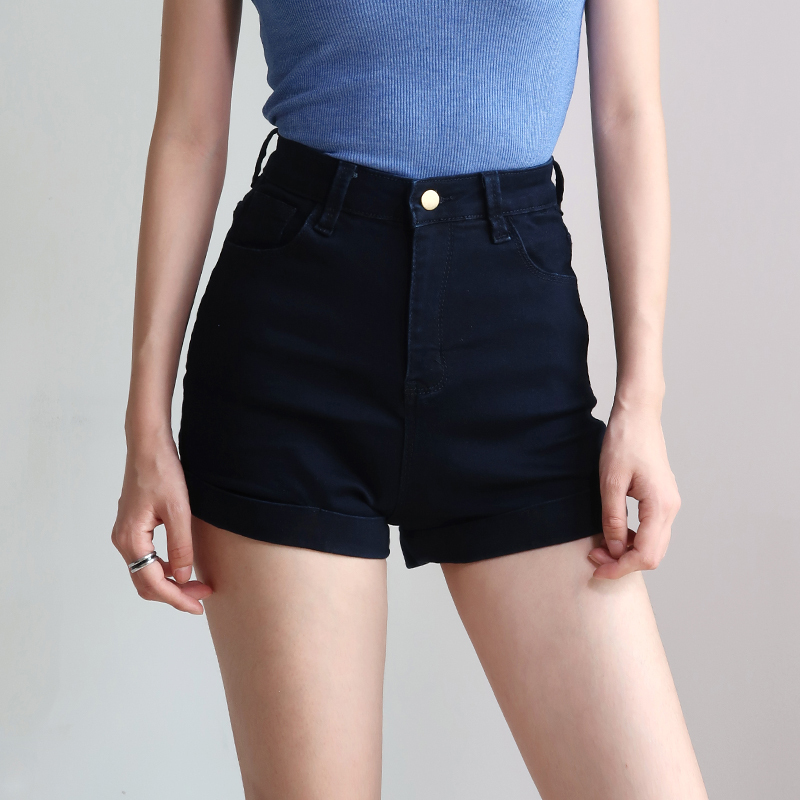 Retro High-Waisted Slim-Fit Rolled-Up Denim Shorts for Women - European and American Style, Stretchy, Chic Casual Wear