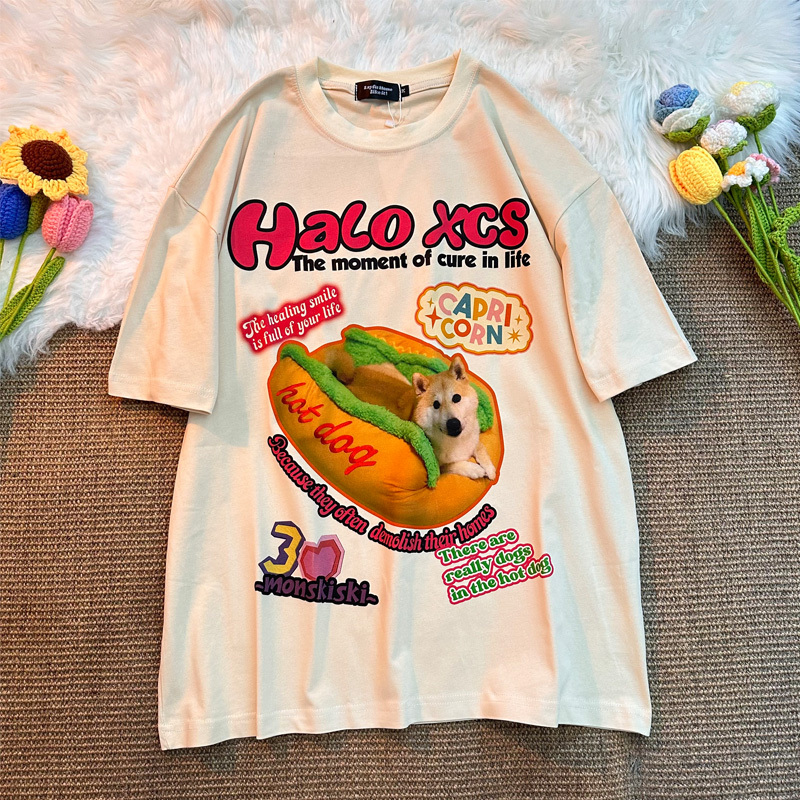 Retro Hot Dog Print Cotton Short-Sleeve T-Shirt for Men and Women - Plus Size Loose Trendy Couple Top