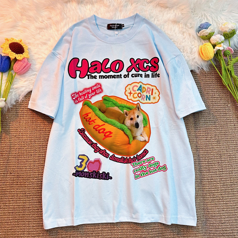 Retro Hot Dog Print Cotton Short-Sleeve T-Shirt for Men and Women - Plus Size Loose Trendy Couple Top