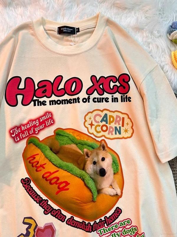 Retro Hot Dog Print Cotton Short-Sleeve T-Shirt for Men and Women - Plus Size Loose Trendy Couple Top