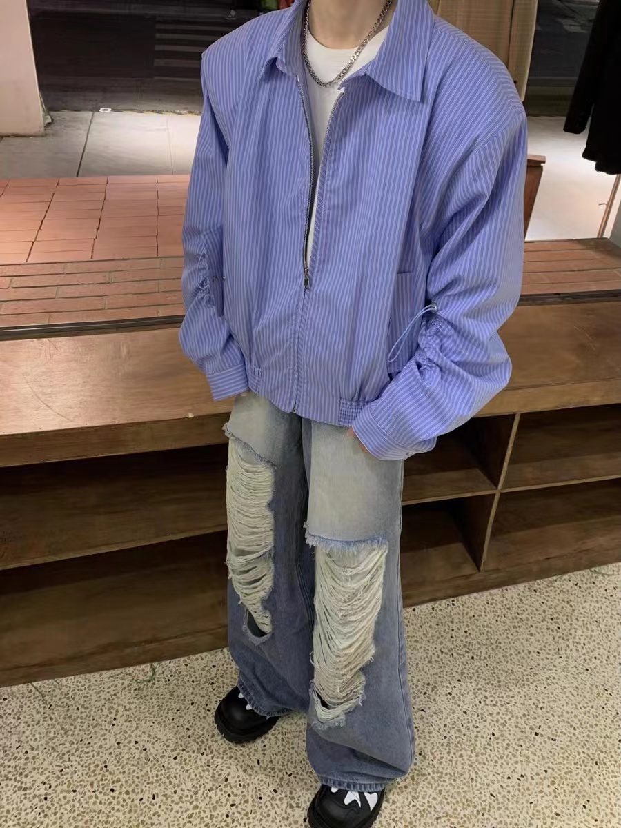 Retro Japanese-Style Blue Striped Shirt for Men - Autumn Loose Casual Shoulder-Padded Jacket, Trendy Y2K Fashion Essential