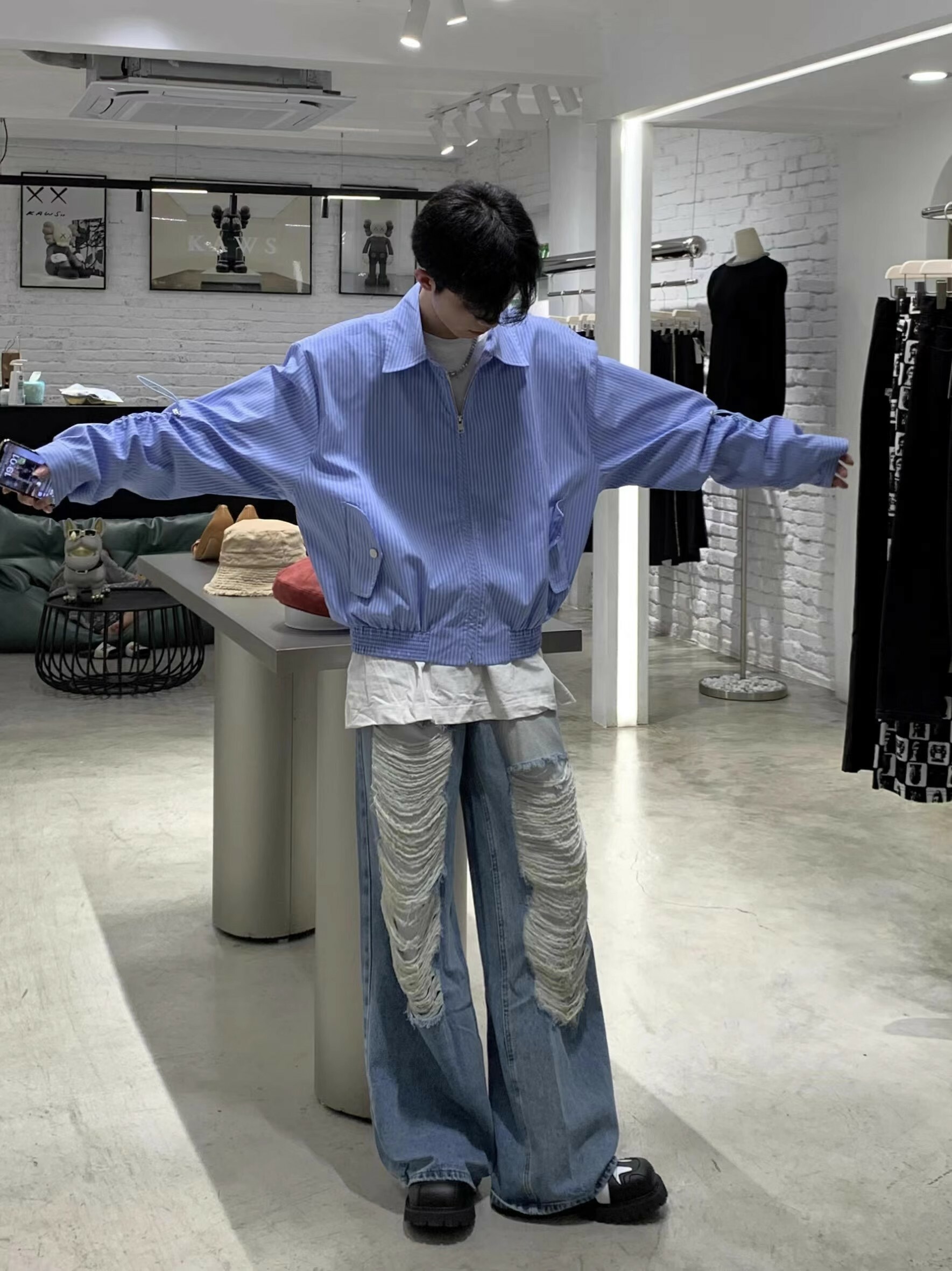 Retro Japanese-Style Blue Striped Shirt for Men - Autumn Loose Casual Shoulder-Padded Jacket, Trendy Y2K Fashion Essential