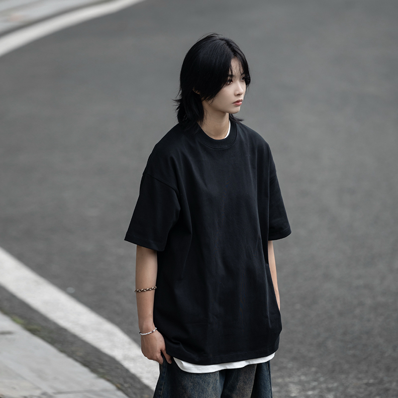 Retro Japanese Style Heavyweight 385g Cotton Short-Sleeve T-Shirt for Men - Versatile Loose Fit Tee