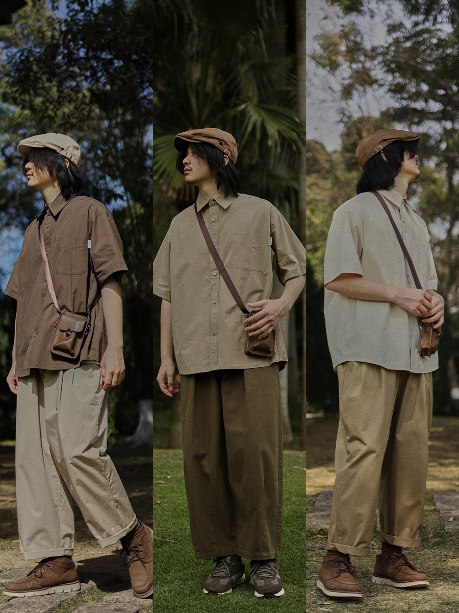 Retro Japanese-Style Short Sleeve Work Shirt for Men - Casual Layered Solid Color Half-Sleeve Shirt Jacket for Summer Trends