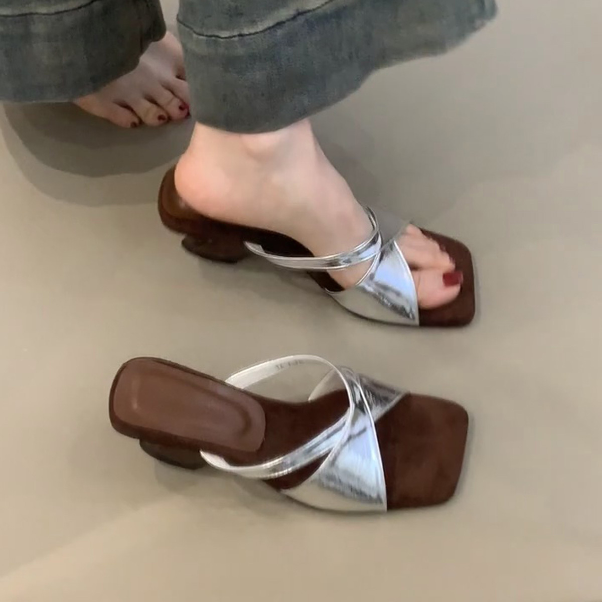 Retro Leopard Print Sheepskin High-Heeled One-Strap Sandals for Women - Summer Open-Toe Square Toe Wedge Footwear