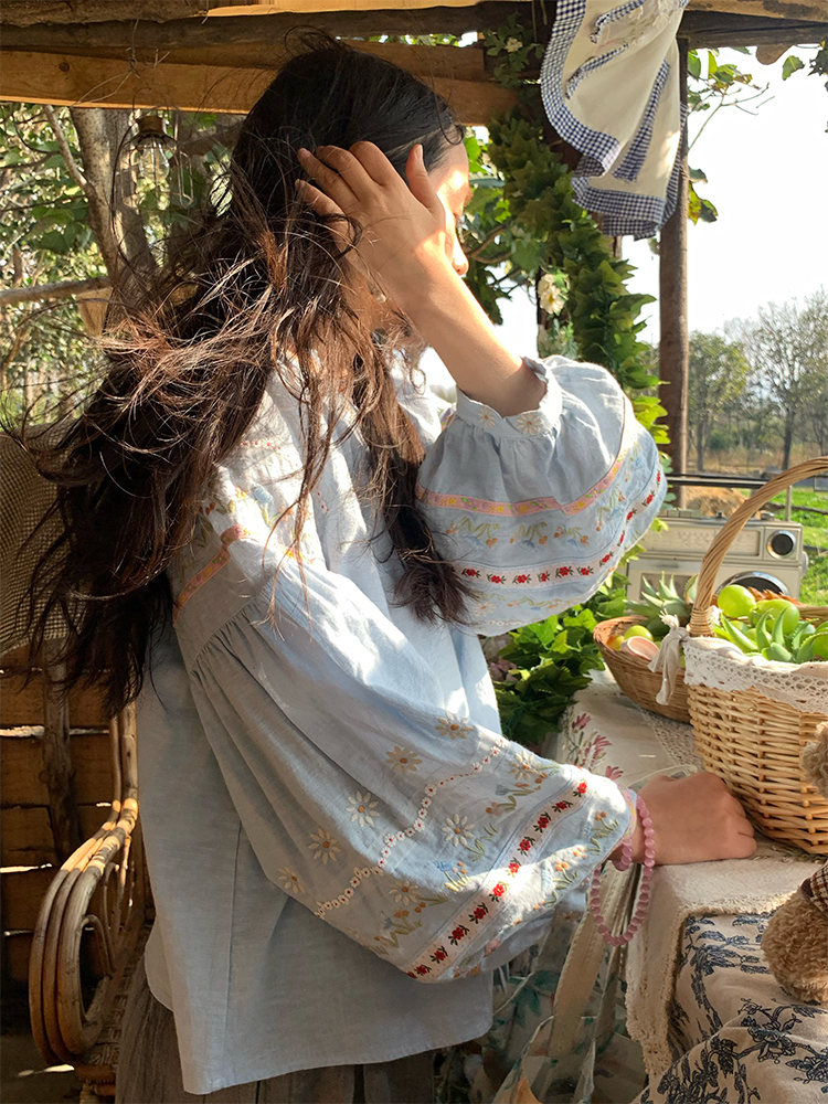 Retro Linen Cotton Long Sleeve Shirt for Women - Honey Daisy Embroidered Lantern Sleeve Top - Spring Vintage Floral Style