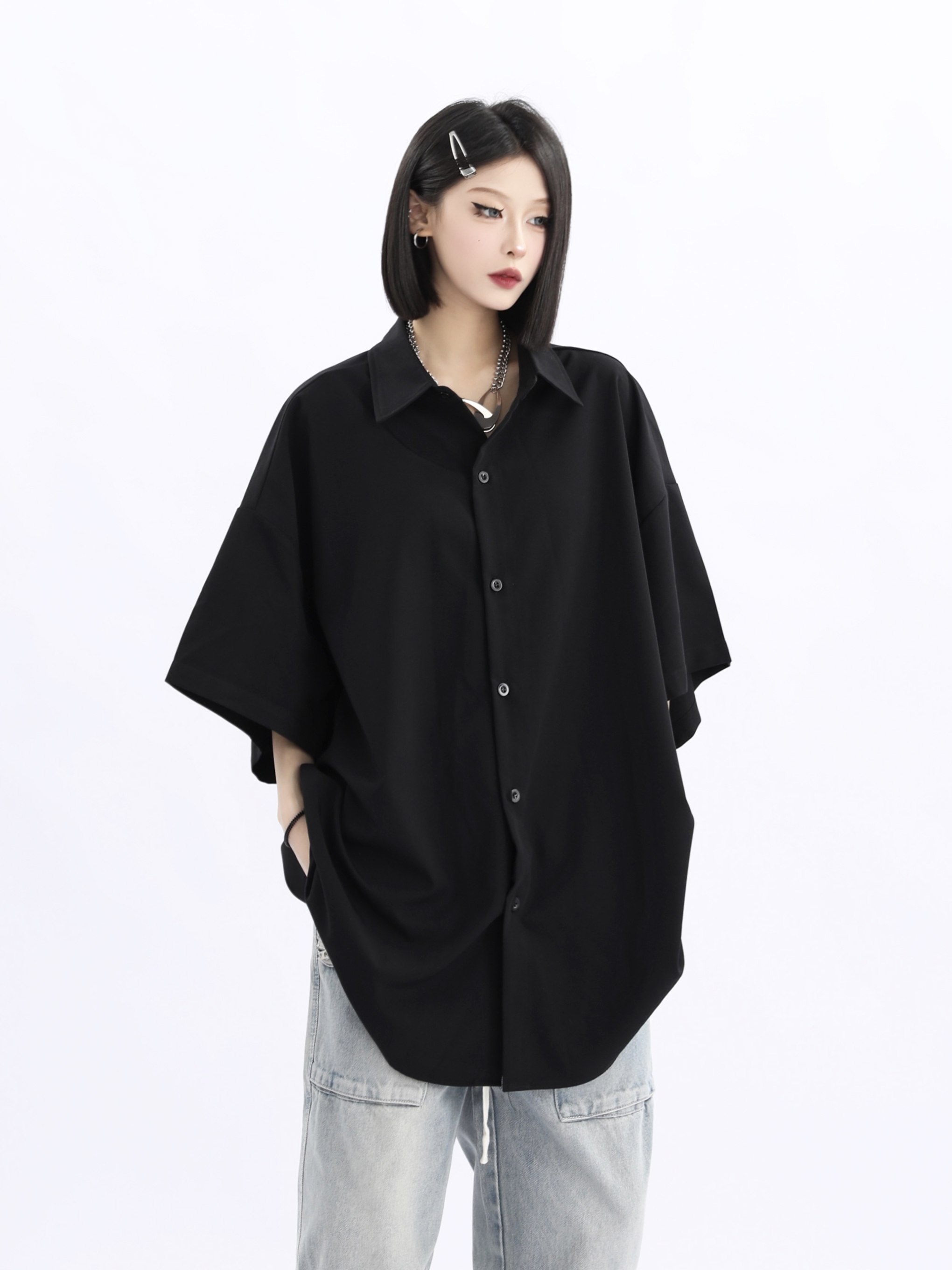 Retro Loose Draped Solid Color Short Sleeve Shirt for Women - Versatile American Style Couple Top