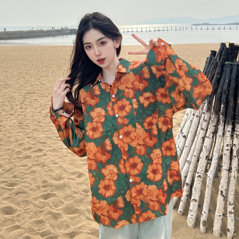 Retro Loose Long Sleeve Floral Shirt for Women – Autumn Hawaiian Beach Top, Unique Casual Style