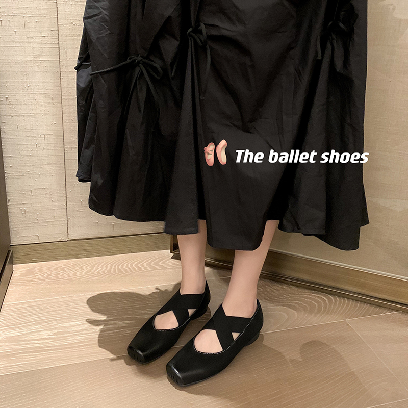Retro Low-Heeled Ballet Shoes for Women, Cross Strap, Pig Nose, Square Toe, Shallow Mouth, Vintage Flat Shoes