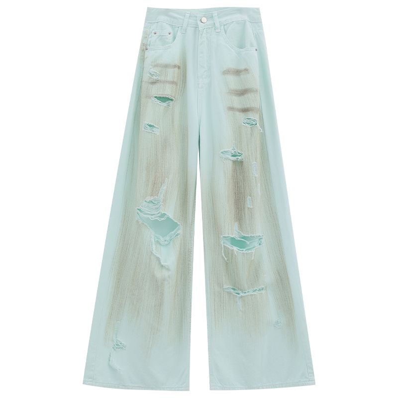 Retro Mambo Distressed Gradient Denim Jeans for Women - Loose Straight Wide-Leg Pants, Y2K Style, Vintage American Fashion