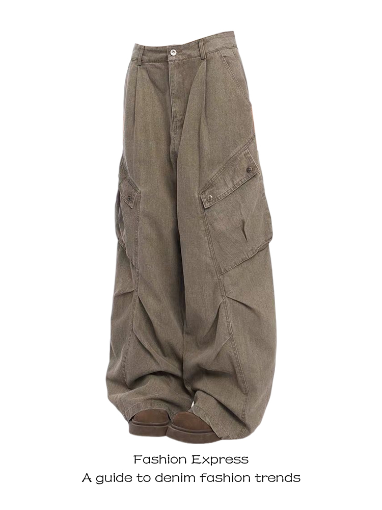 Retro Melard Brown Pleated Wide-Leg Denim Pants for Women - Loose Straight Fit Workwear Trousers - Autumn Fashion Essential