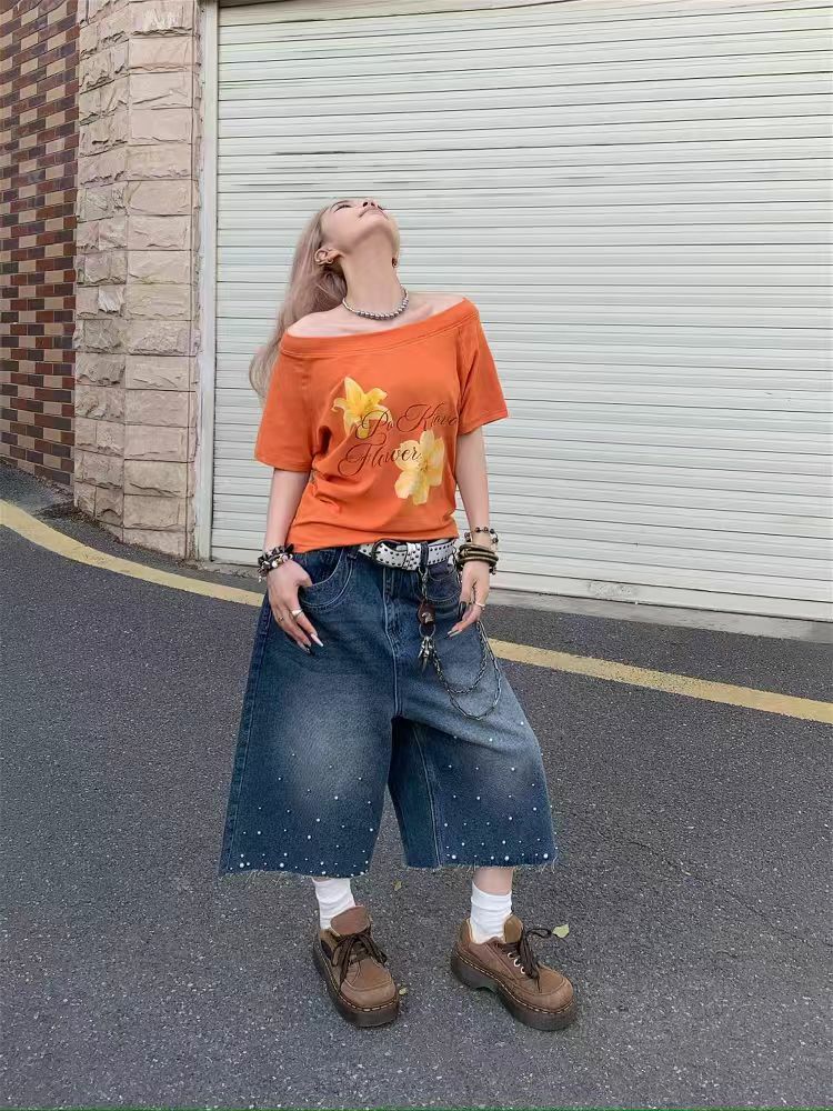 Retro Off-Shoulder Floral Print Short Sleeve T-Shirt for Women - Summer Sweet & Spicy Slim-Fit Top, American Street Style