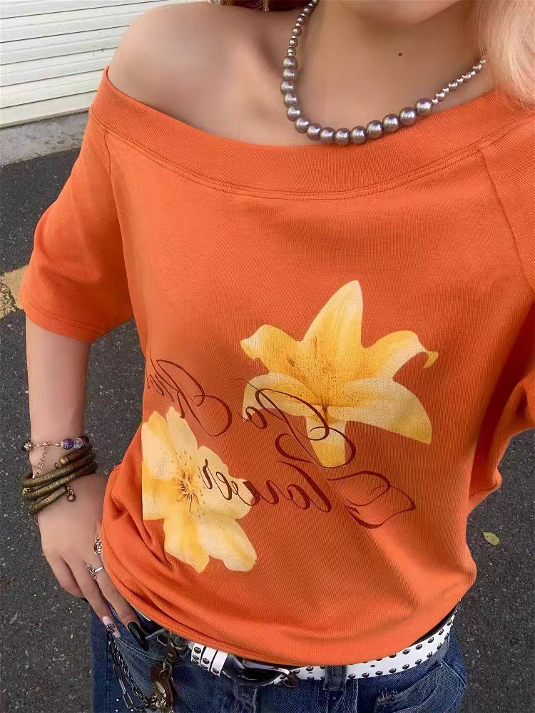 Retro Off-Shoulder Floral Print Short Sleeve T-Shirt for Women - Summer Sweet & Spicy Slim-Fit Top, American Street Style