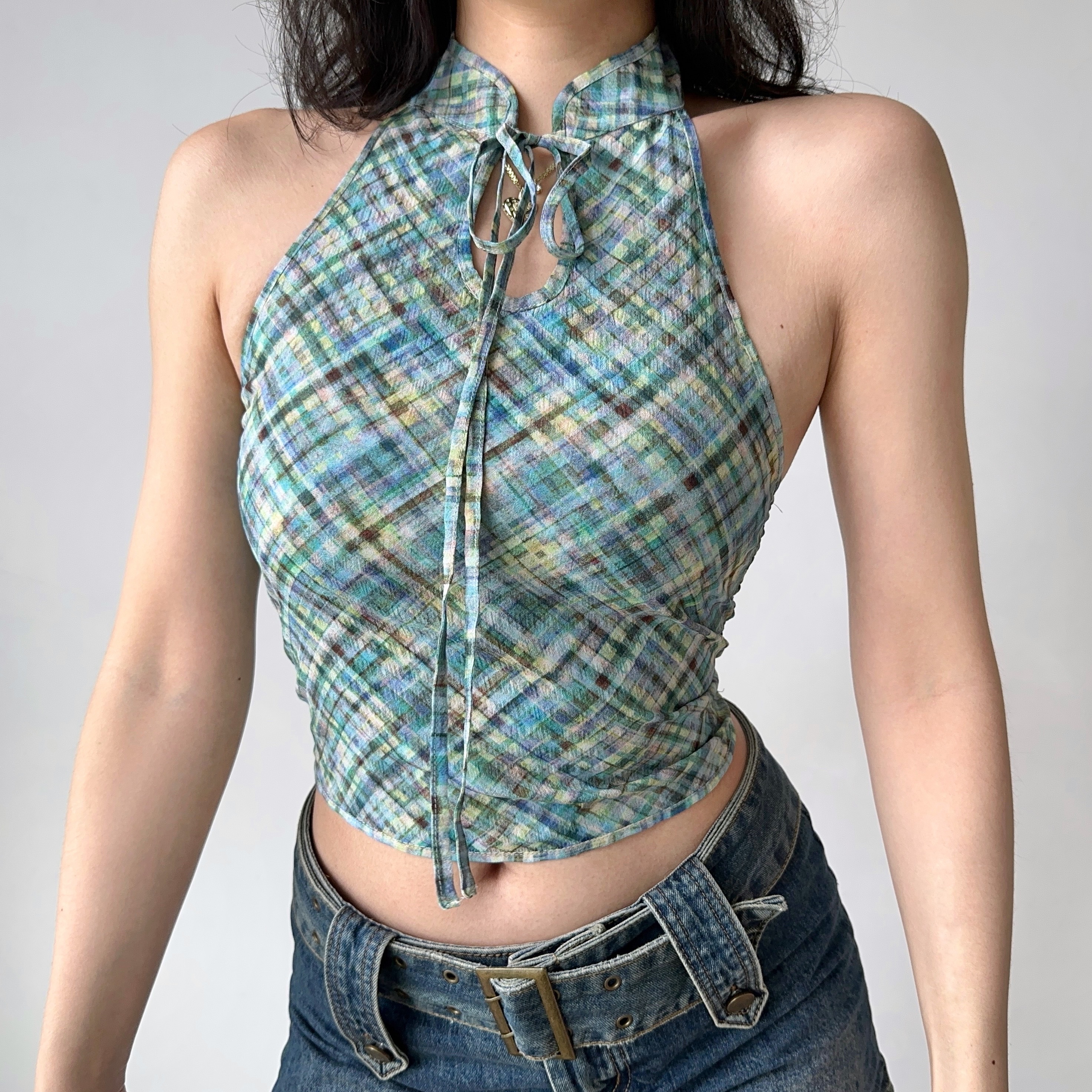Retro Plaid Halter Neck Vest for Women - Chinese Style Backless Top - Summer Fashion - Chic Stand Collar - Sexy Short Design