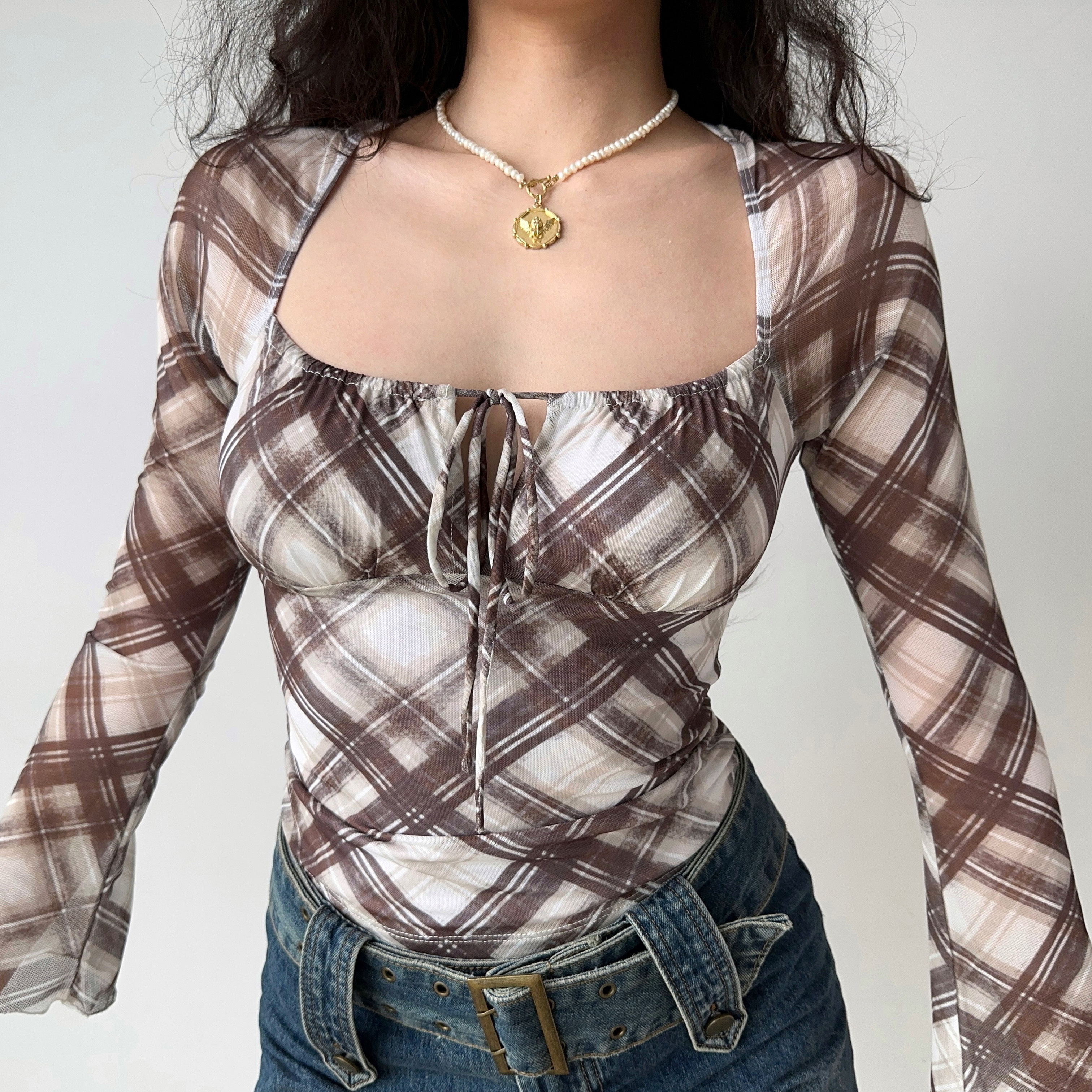 Retro Plaid Tie-Up Square Collar Long Sleeve Shirt for Women - European American Style Slim Fit Top