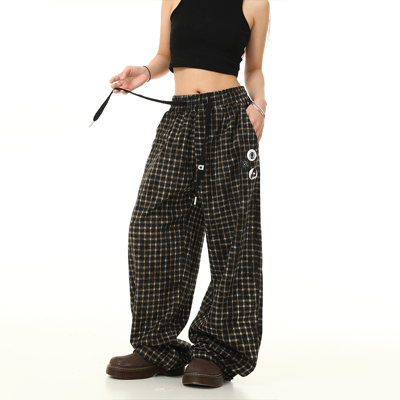 Retro Plaid Wide-Leg Casual Pants with Elastic Waist and Drawstring - Trendy Loose Drape Trousers for Y2K Style