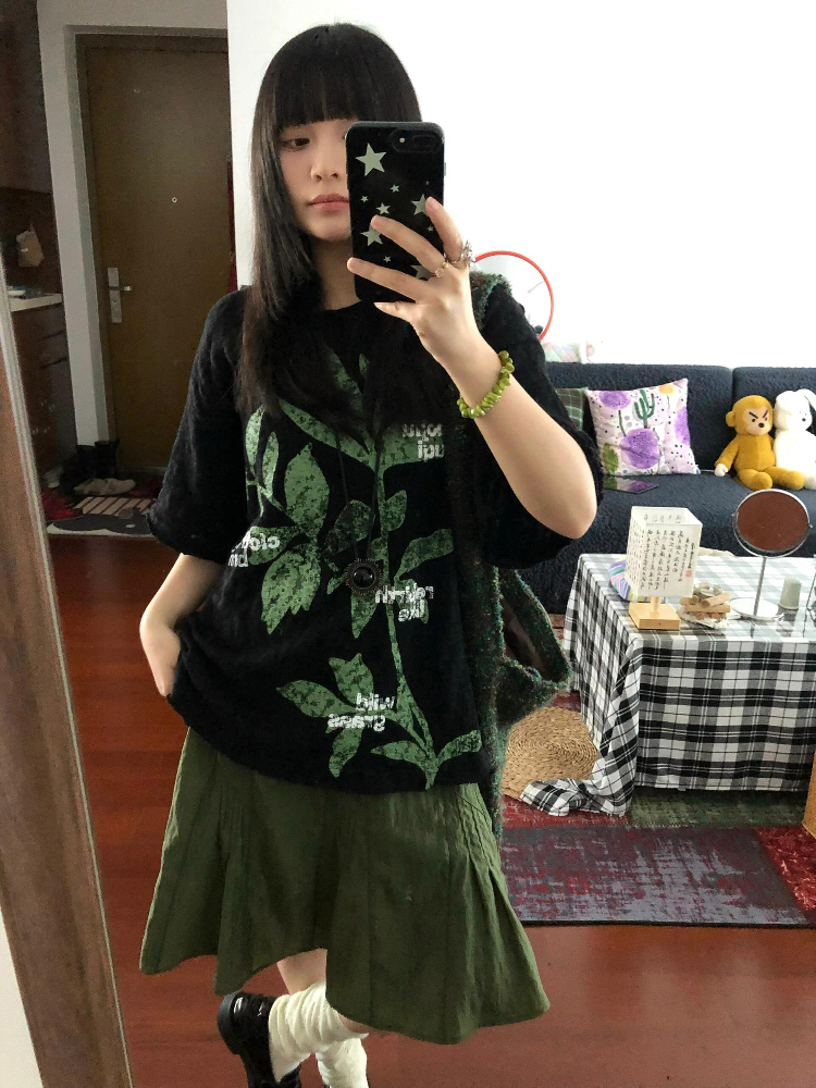 Retro Plant-Themed Korean Style Casual Loose Fit Cotton Summer Short Sleeve T-Shirt