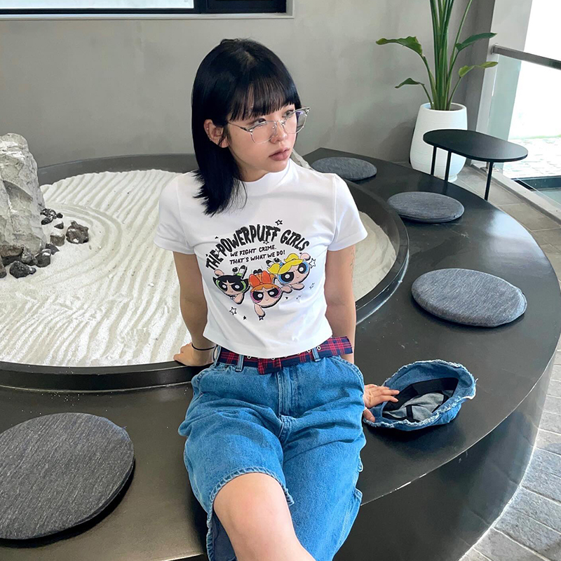 Retro Powerpuff Girls Cartoon Printed Short-Sleeve Crop Top for Women - Slim Fit, Trendy Y2K Style Sweet and Spicy Tee