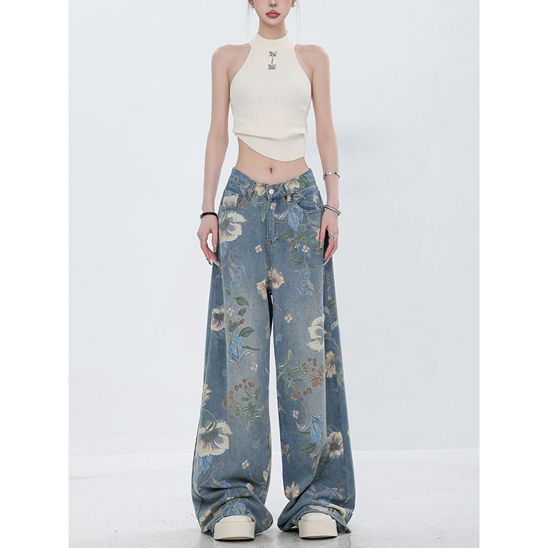 Retro Print Wide-Leg Jeans for Summer - Slimming Design, May Day Fashion Festival Style, Trendy 90s Inspired Look