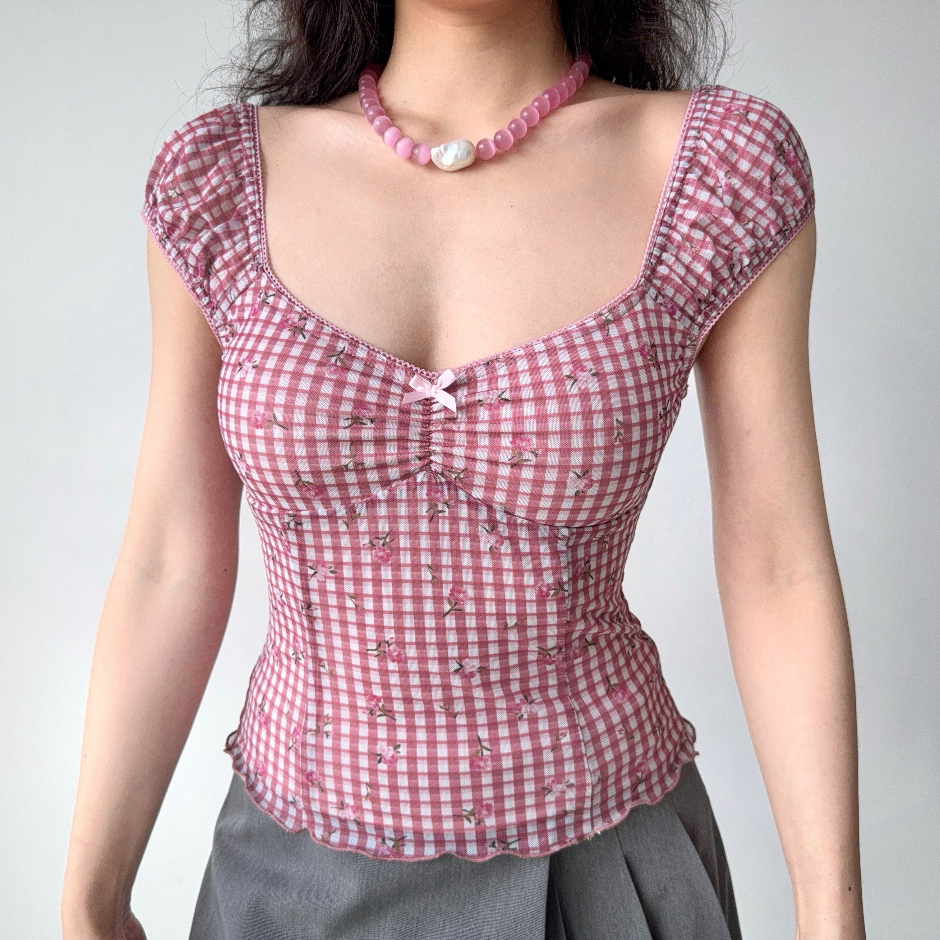 Retro Printed Plaid Puff Sleeve T-Shirt for Women - Slim Fit Short Sleeve Top in European and American Style, Trendy Hot Girl Fashion