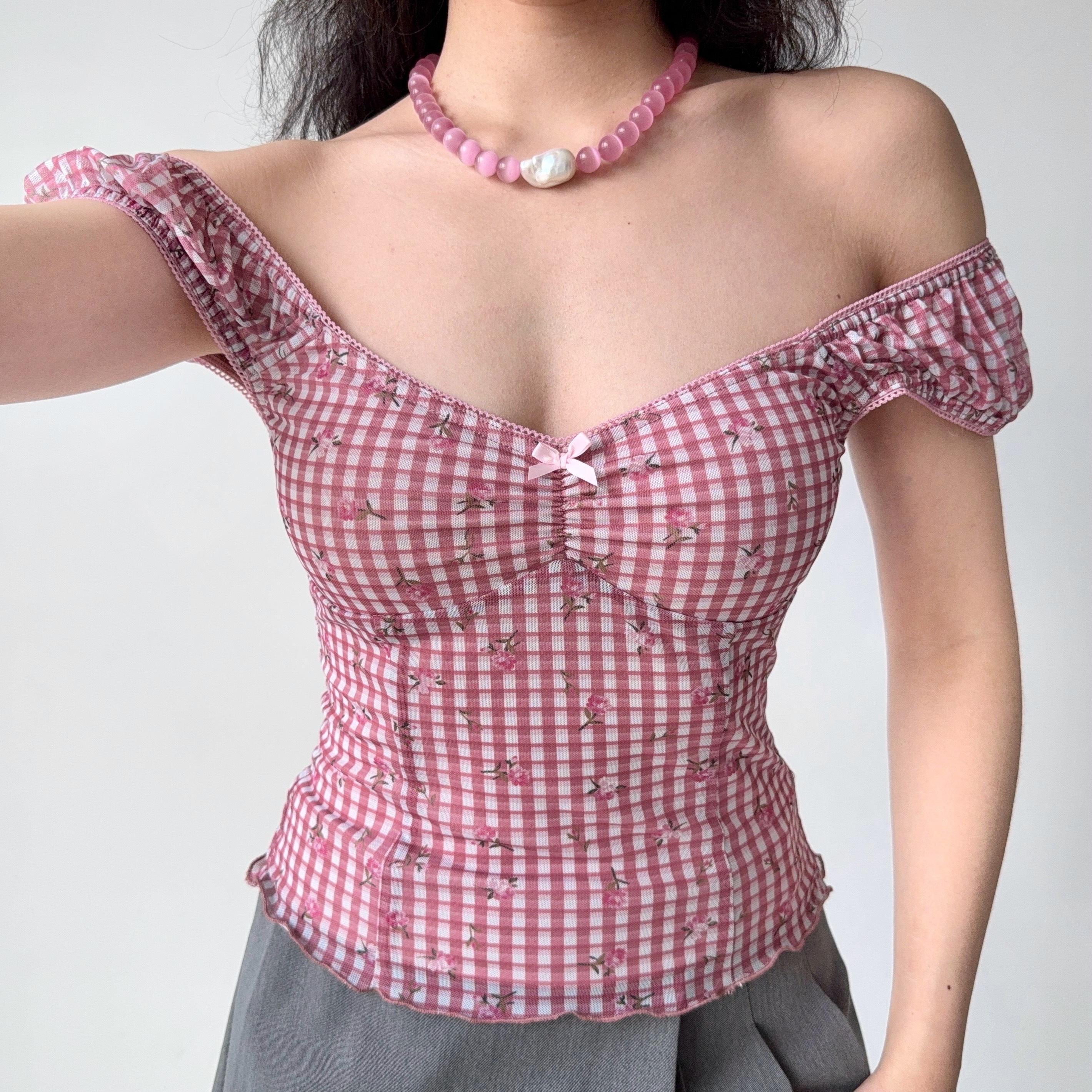 Retro Printed Plaid Puff Sleeve T-Shirt for Women - Slim Fit Short Sleeve Top in European and American Style, Trendy Hot Girl Fashion