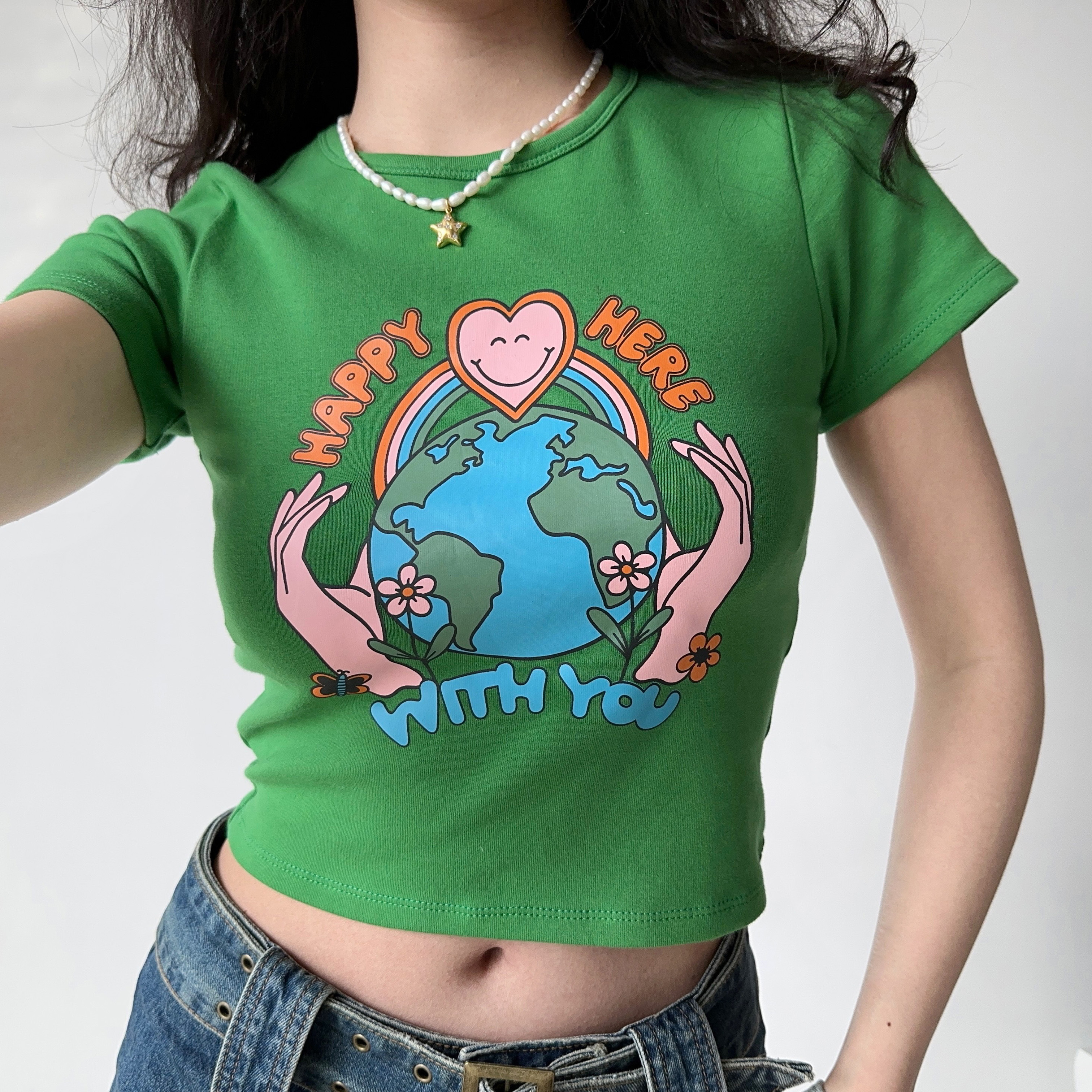 Retro Printed Round Neck Short Sleeve T-Shirt for Women - European American Style, High-Waisted Trendy Top