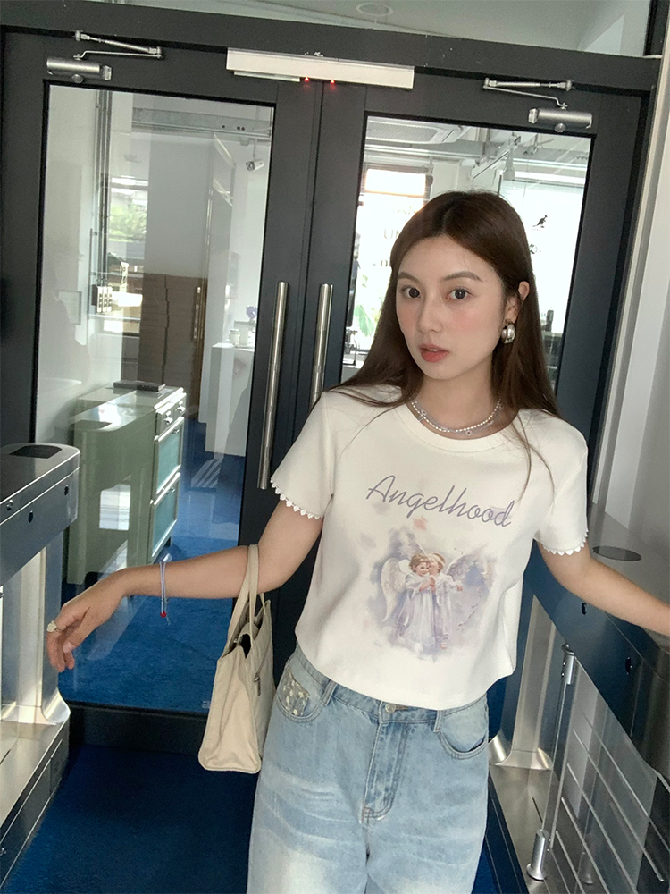 Retro Printed Short Sleeve T-Shirt for Women - Midsummer Southern Star Design, Thin Lace Round Neck, Summer Style