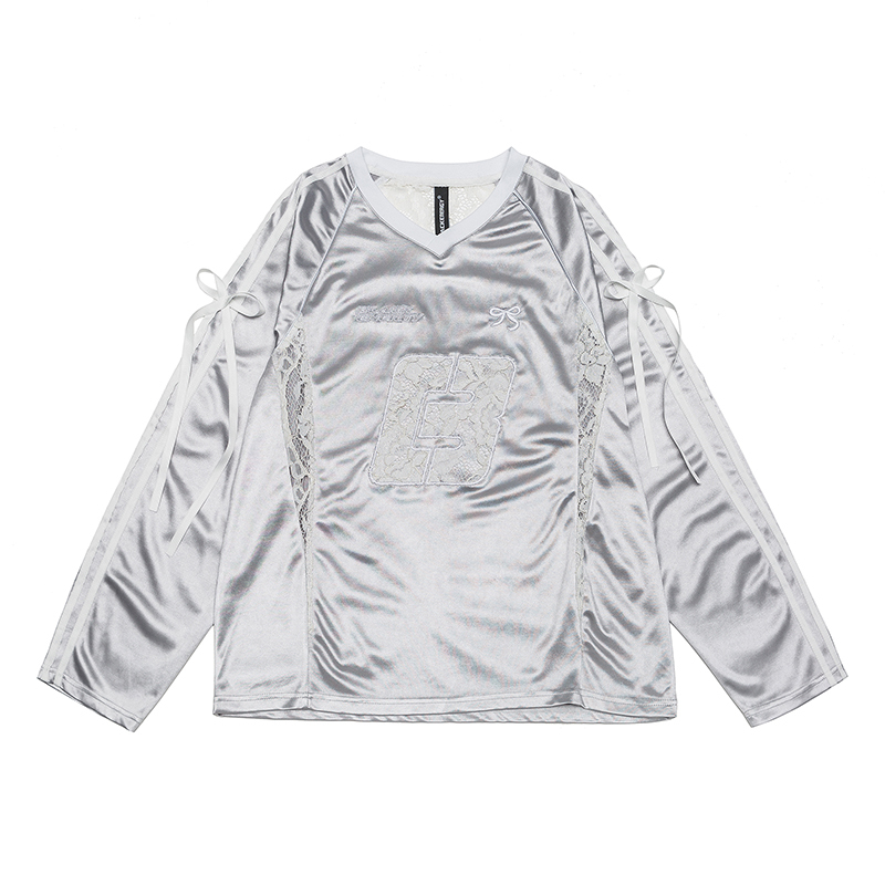 Retro Revival American Lace Bow Long Sleeve T-Shirt - Women's Jersey Sports Style Satin Top for Y2K Fashion
