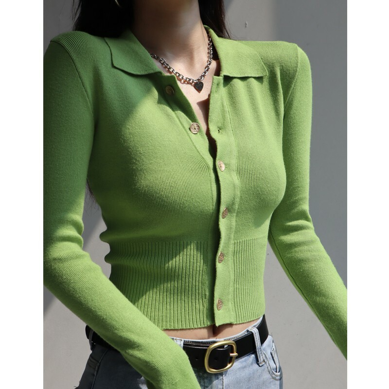 Retro Slim-Fit Long Sleeve Knitted Cardigan Top with Polo Collar and Tie Waist for Women - Y2K Style