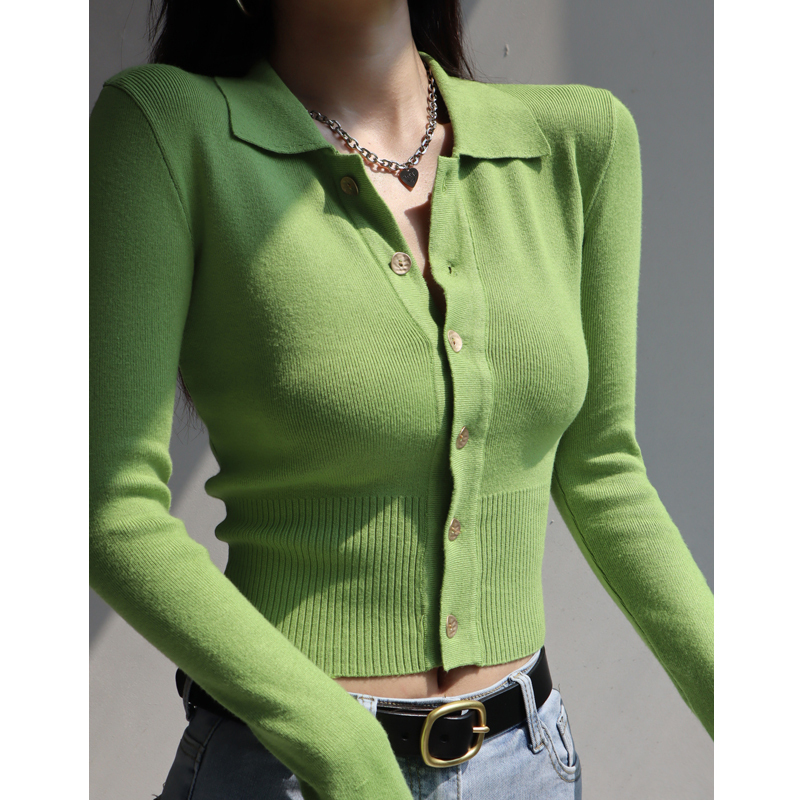 Retro Slim-Fit Long Sleeve Knitted Cardigan Top with Polo Collar and Tie Waist for Women - Y2K Style
