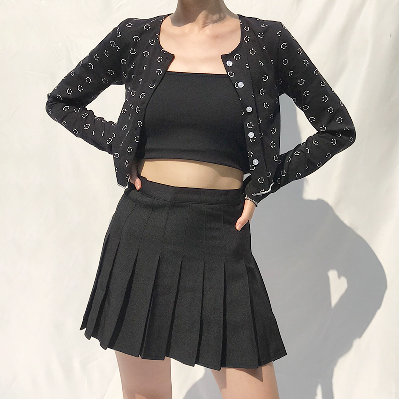 Retro Smiley Face Print Long Sleeve Cardigan T-Shirt Top with Round Neck, High Waist, and Short Hem – Cute Y2K Style Fashion