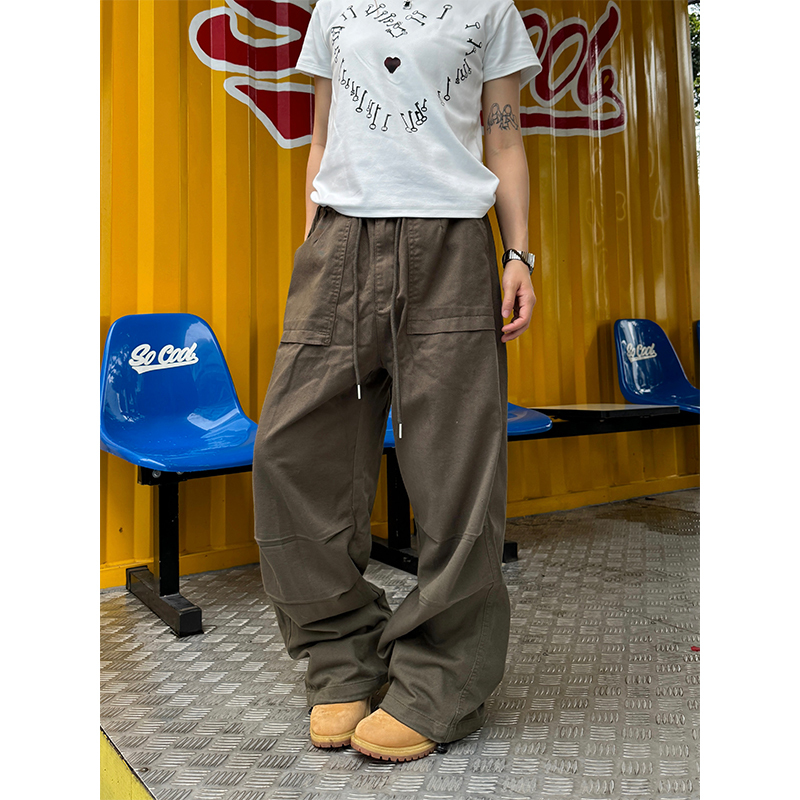 Retro Straight Loose Work Pants for Men and Women - Casual Elastic Waist Versatile Wrinkled Long Pants for Everyday Style