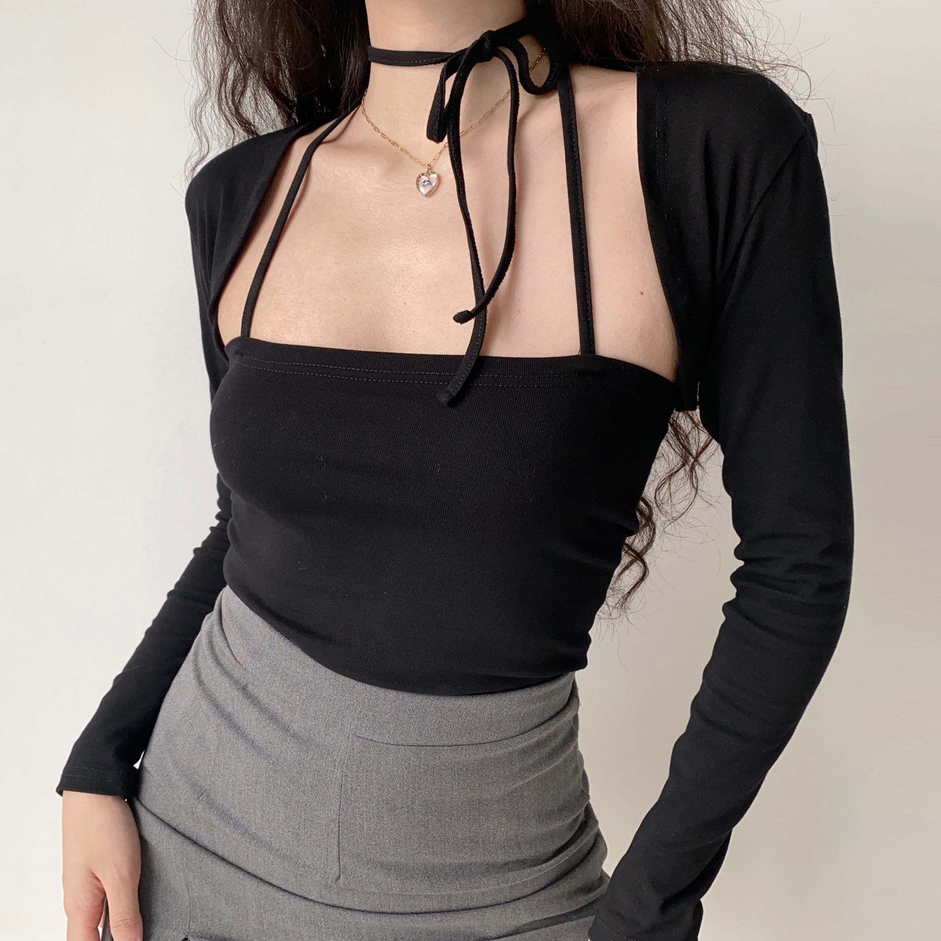 Retro Strapless Halter Tie Crop Top and Short Cardigan Two-Piece Set for Women - European American Style, Slim Fit