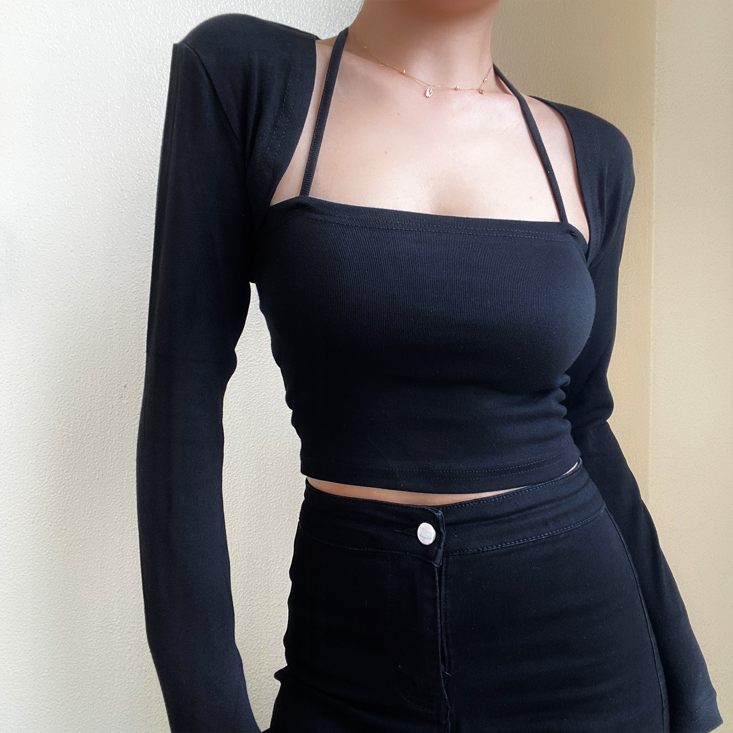 Retro Strapless High-Waisted Short Camisole and Shawl Cardigan Two-Piece Set for Women - European American Style Fashion